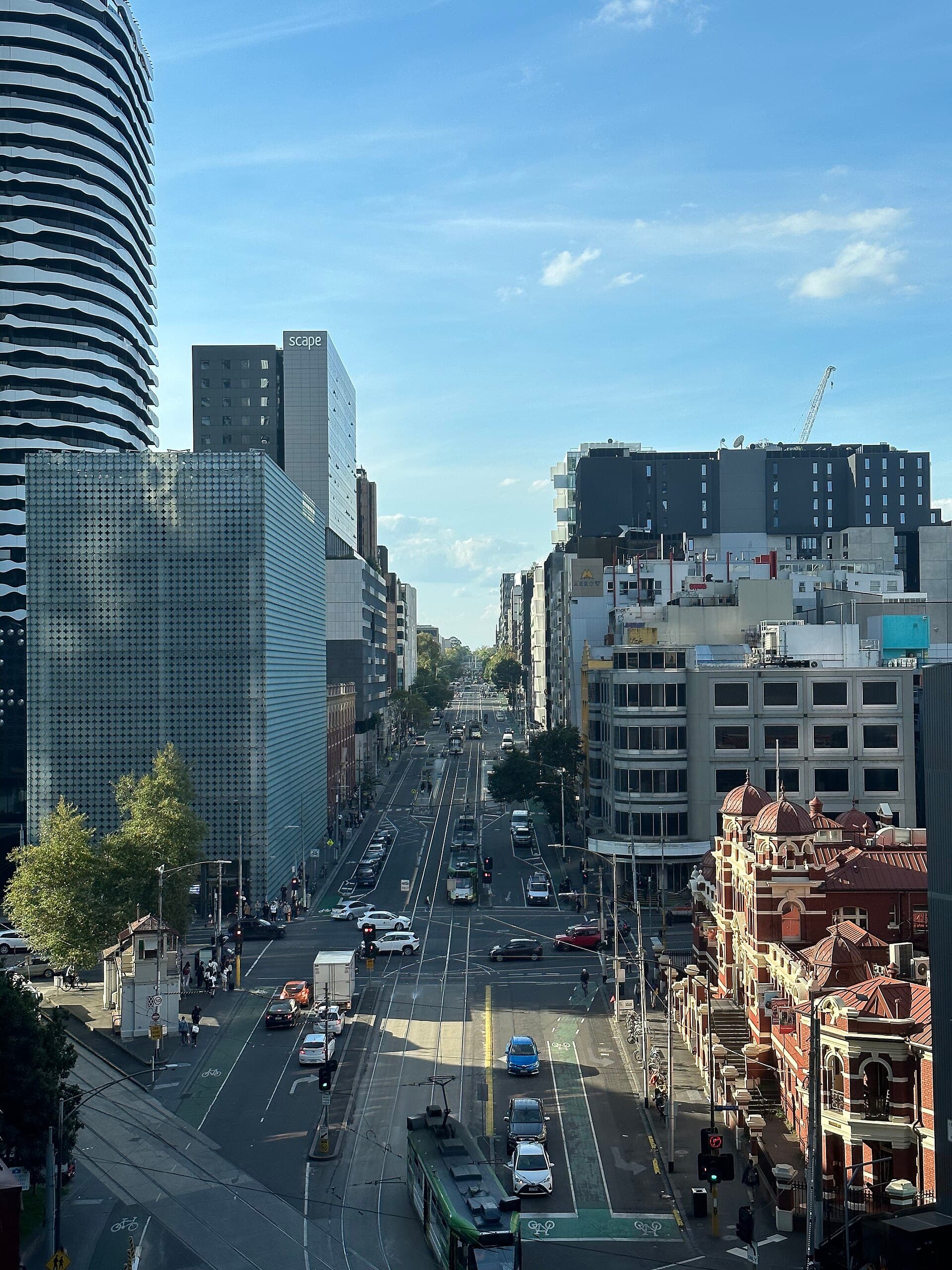 Apartment buildings along Swanston Street in Melbourne, the typical setting for a lot inspection that cannot see the whole building.